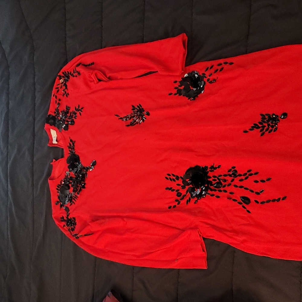 Red dress with black beading